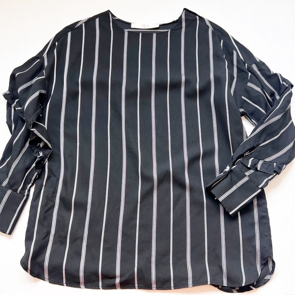 TELA 9 Blouse Shirt Top Black White Stripe Medium Italy Silk Blend